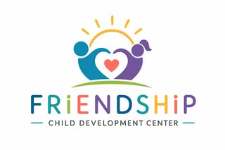 Friendship Child Development Center logo featuring two colorful children figures holding hands with a heart, sun, and green arc